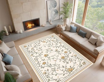 Elegant Floral Area Rug – Vintage Cream Botanical Carpet, Classic Rose Pattern Home Decor