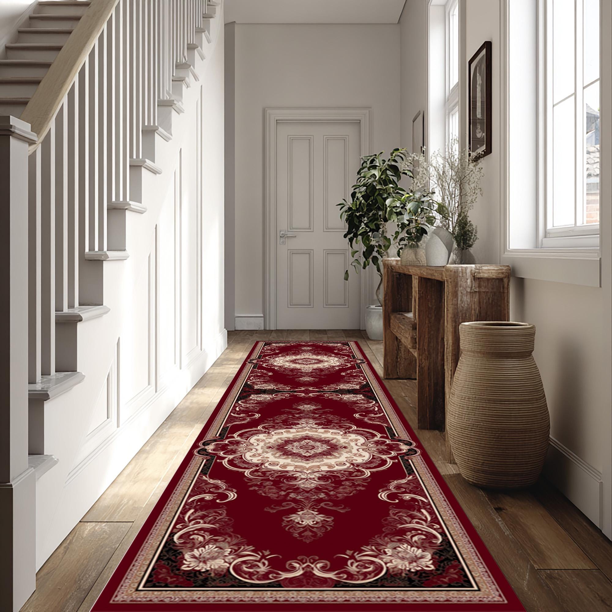 Burgundy Classic Runner Rug, Vintage Medallion Carpet, Traditional ...