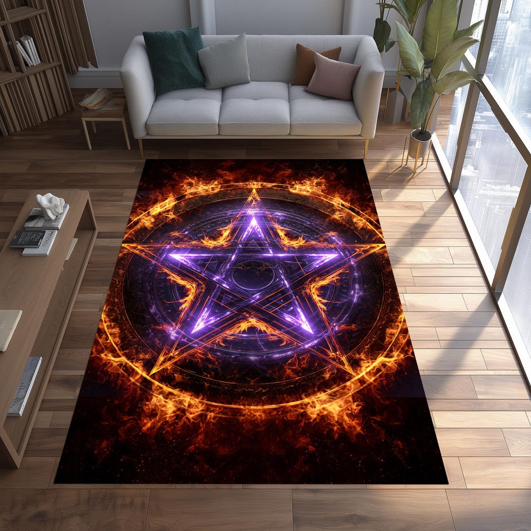 Fiery Pentagram Area Rug, Gothic Occult Carpet, Dark Fantasy Room Decor ...