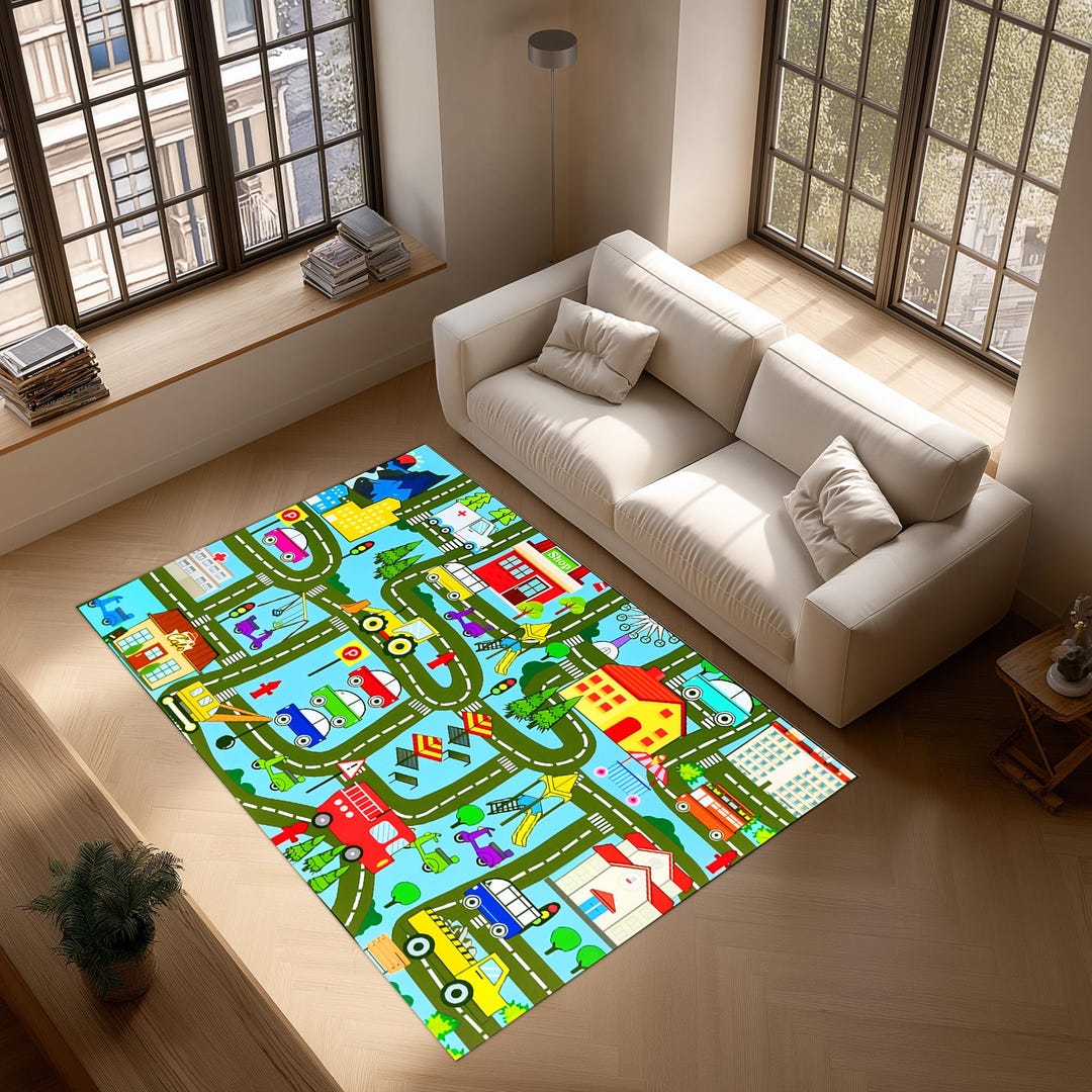Kids Road Play Rug, City Map Children Carpet, Colorful Playroom Decor ...