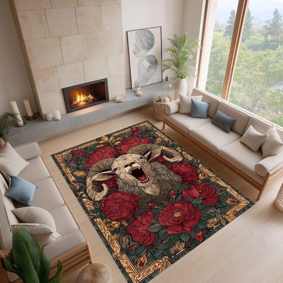 Ram Rips Rug Gothic Ram Rug, Dark Floral Animal Carpet, Occult Home Decor - Etsy