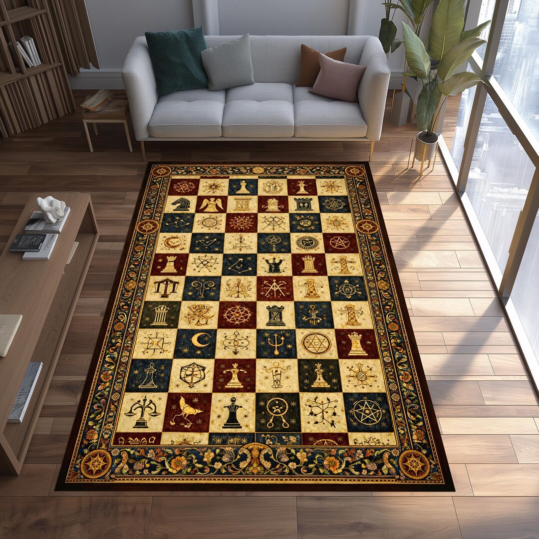 Mystical Chessboard Rug, Occult Vintage Pattern Carpet, Classic ...
