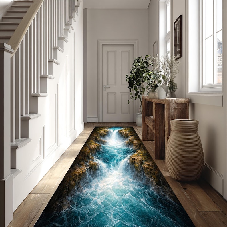 Water Print Rug Waterfall Runner Rug, Nature Inspired River Carpet, 3D Water Illusion ...