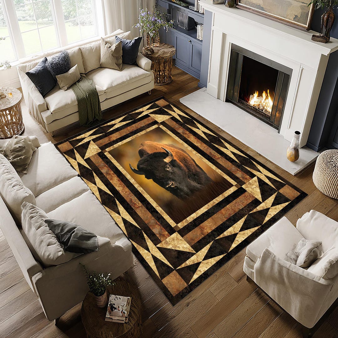 Western Bison Rug – Rustic Buffalo Carpet With Geometric Tribal Pattern ...