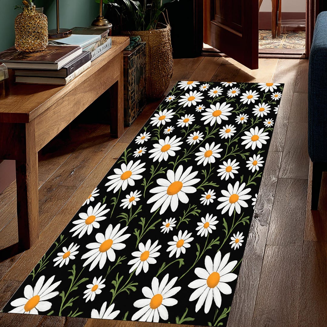 Fun Daisy Rug Daisy Runner Rug – Black & White Floral, Cottagecore Kitchen - Etsy