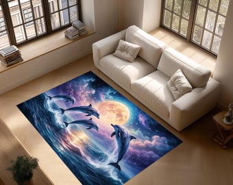 Dolphin Moon Ocean Rug, Fantasy Sea Animal Area Carpet