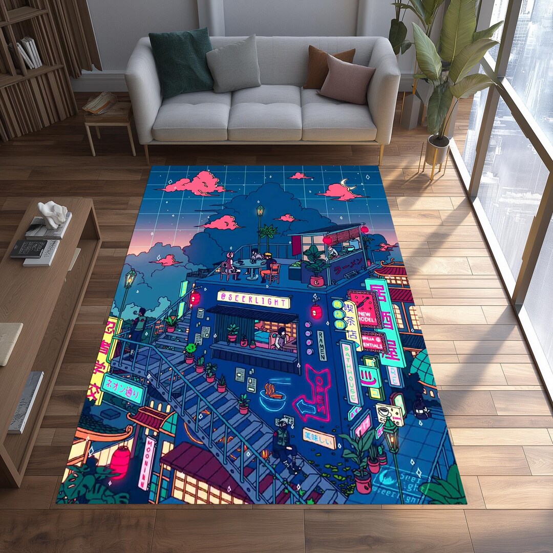 Cyperpunk Rug Cyberpunk Night City Rug, Anime Inspired Neon City Carpet, Modern ...