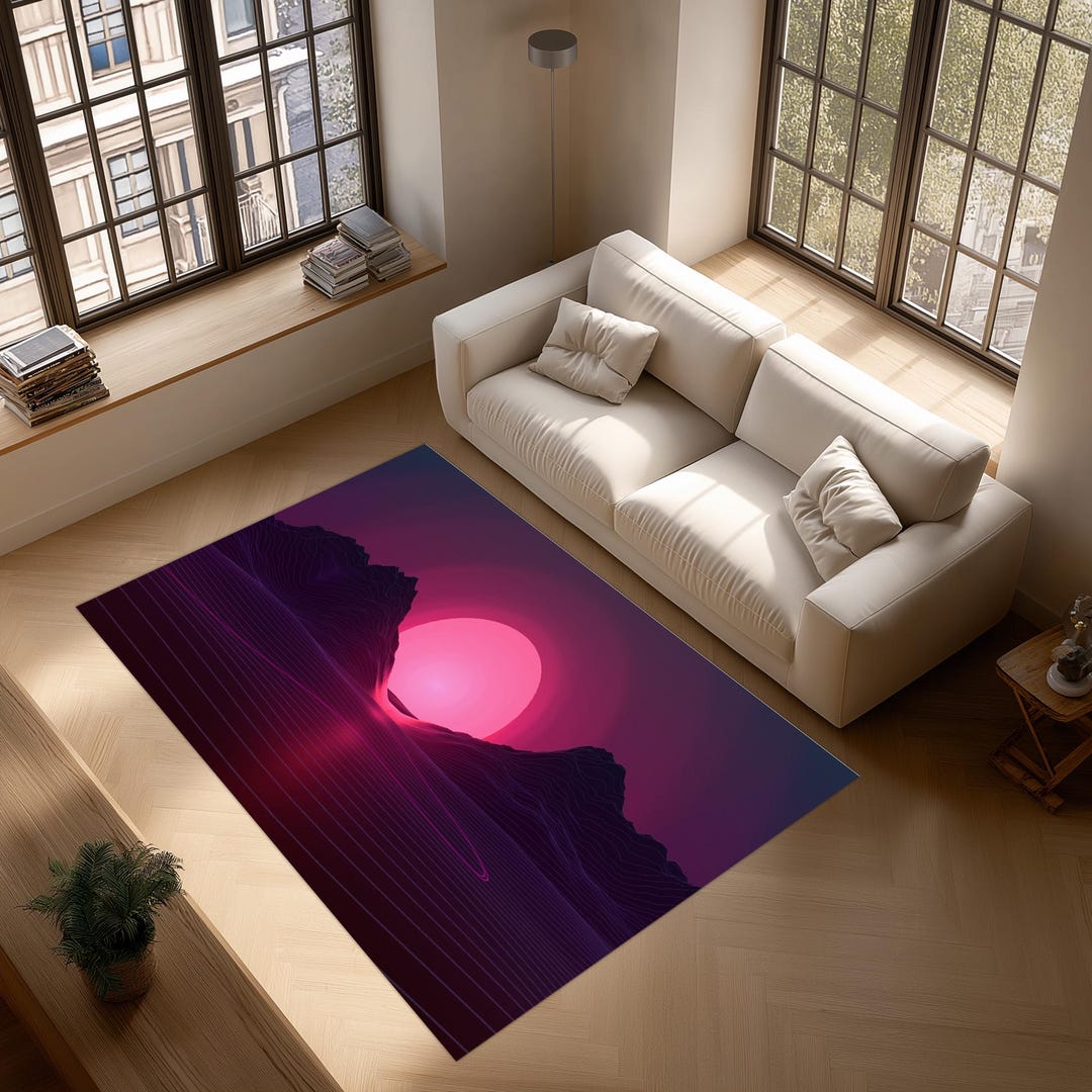 Synthwave Sunset Area Rug, Neon Landscape Rug, Futuristic Abstract ...