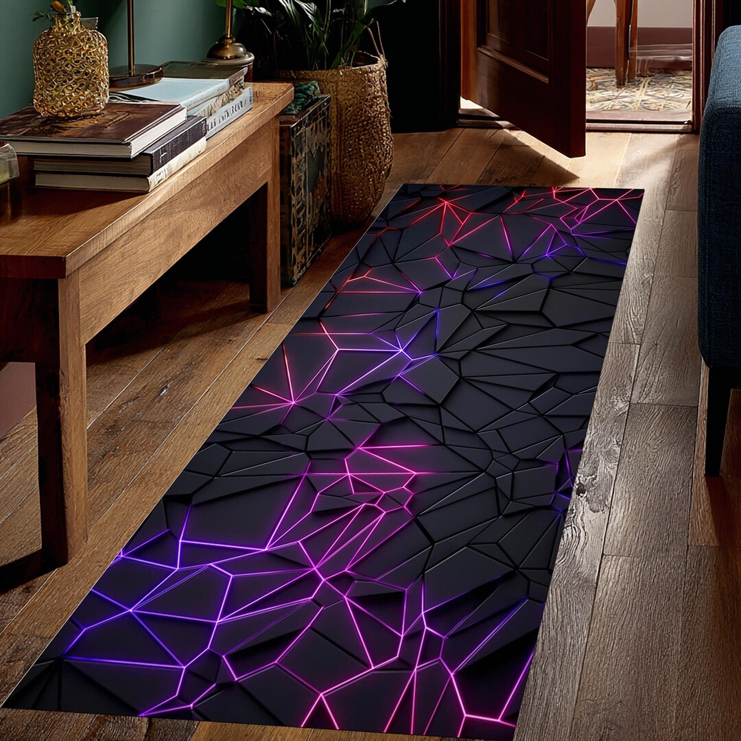 Neon Geometric Runner Rug, Black Modern Hallway Carpet, Futuristic LED ...
