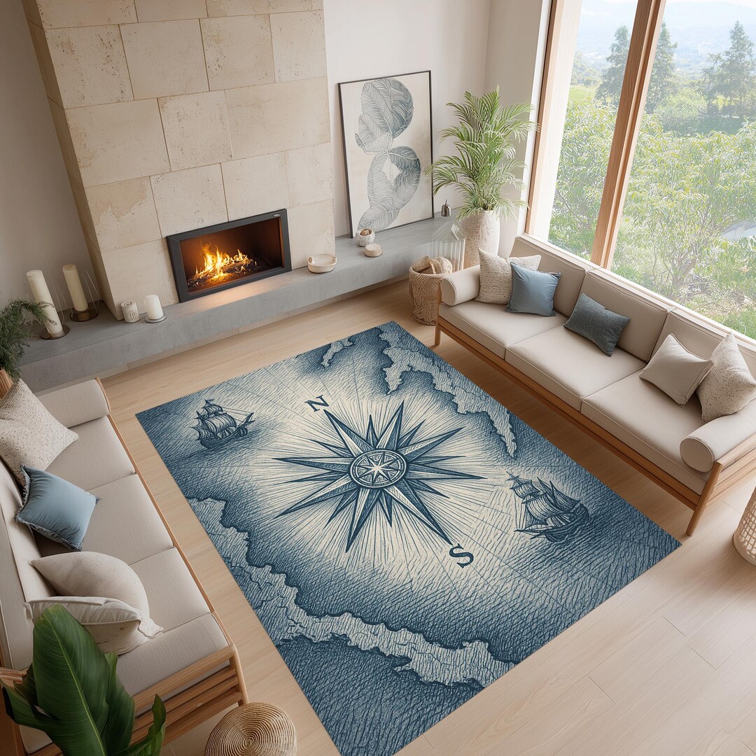 Vintage Nautical Compass Rug – Ocean Map Design Carpet, Coastal ...