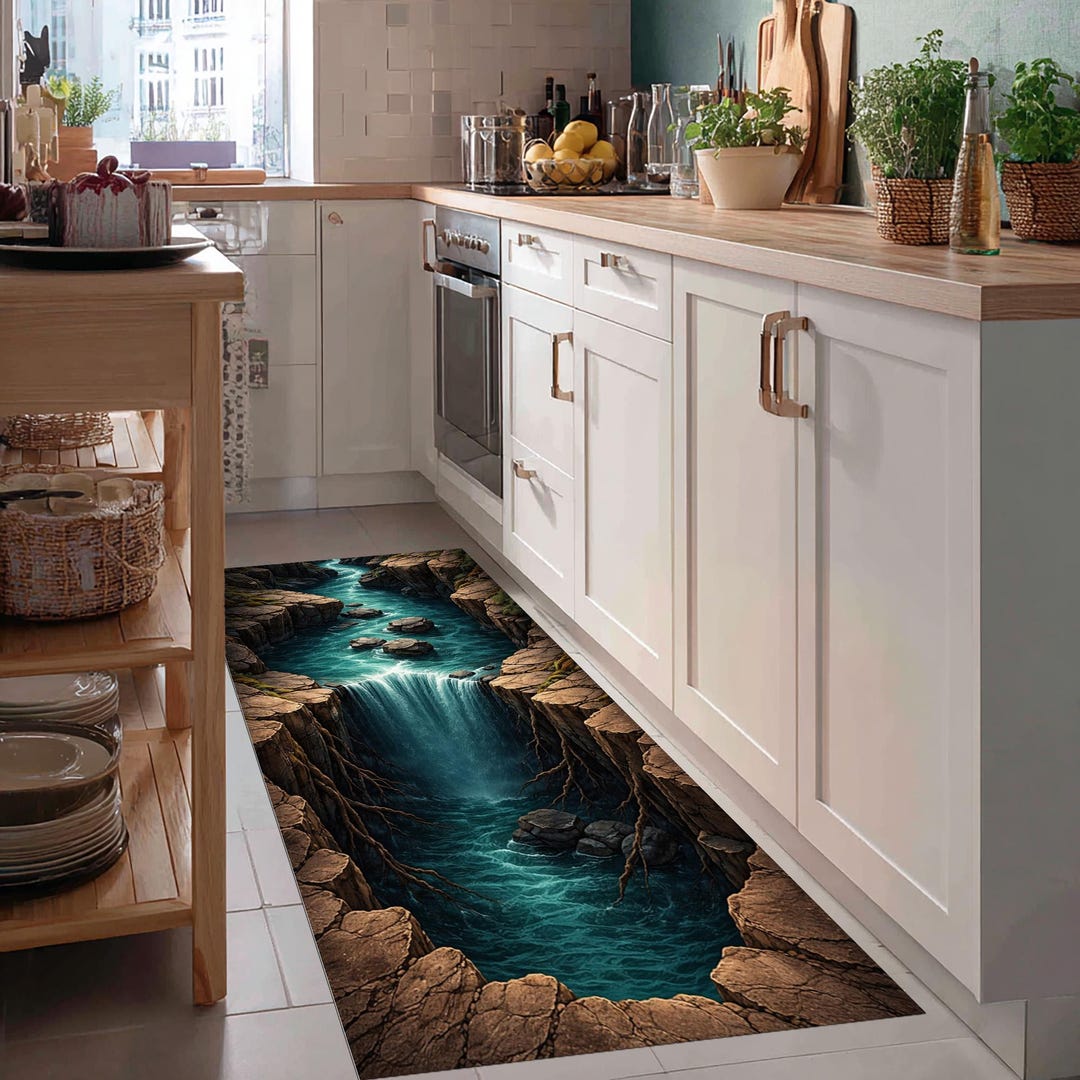 3d Pattern Runner Rug 3D Waterfall Kitchen Runner Rug, Nature Illusion Carpet, Canyon Floor ...
