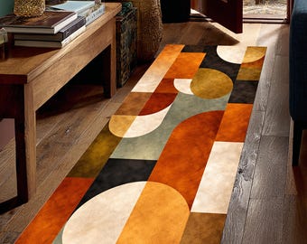 Mid Century Modern Runner Rug, Abstract Geometric Hallway Carpet, Retro Color Block Runner