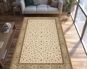 Classic Floral Area Rug, Cream Botanical Traditional Carpet, Timeless Living Room Decor
