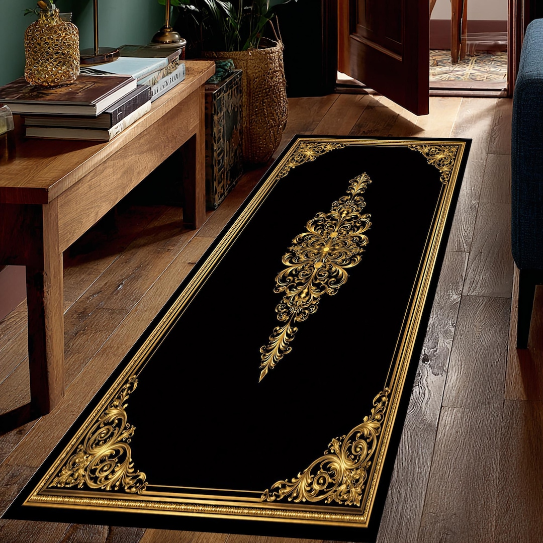 Luxury Black Gold Runner Rug, Baroque Ornate Hallway Carpet ...