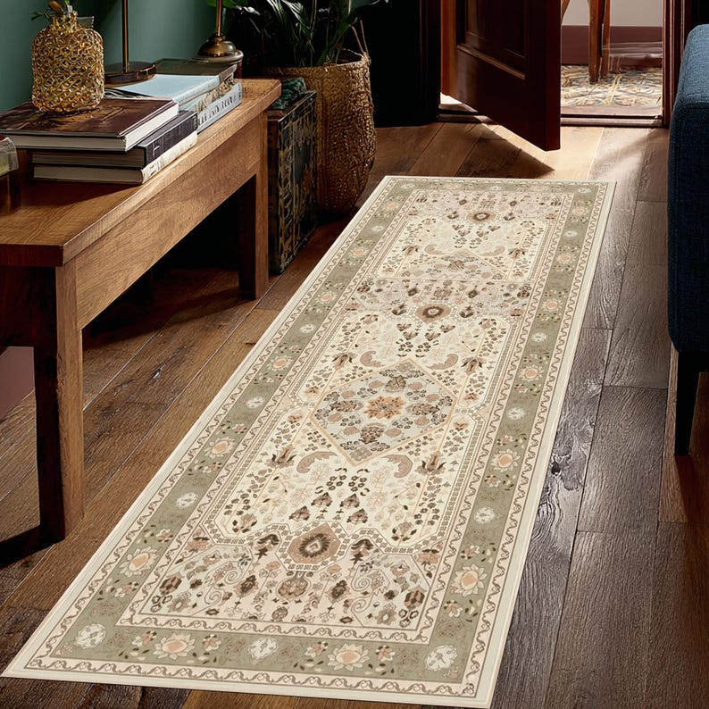 May include: A rectangular, cream-colored runner rug with an intricate floral pattern in shades of beige, brown, and green. The rug has a sage green border and is placed on a hardwood floor. The rug is long and narrow, suitable for a hallway or entryway.