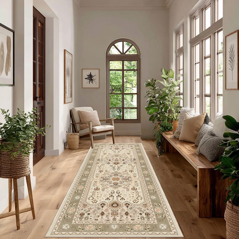 May include: A long, rectangular rug with an intricate floral pattern in cream, beige, and olive green tones. The rug is placed in a hallway with wooden floors, a wooden bench, and large windows. The room is decorated with plants and framed artwork.