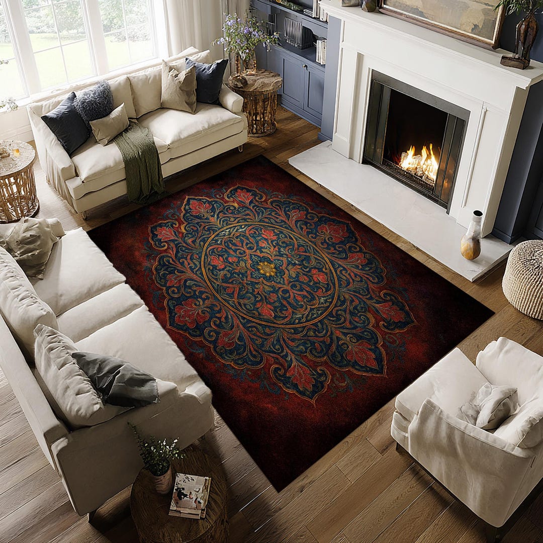 Vintage Red Medallion Rug – Classic Persian Style Carpet With Navy and ...