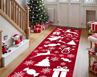 May include: A red Christmas runner rug with a white festive pattern of snowflakes, reindeer, gifts, and snowmen. The rug is rectangular and placed on a wooden floor, adding a holiday touch to the entryway.