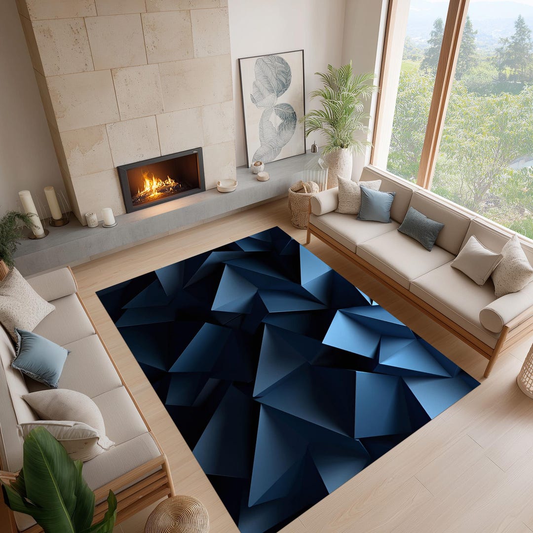 Geometric Blue Rug: Modern 3D Abstract Carpet, Dark Navy Polygon Design ...