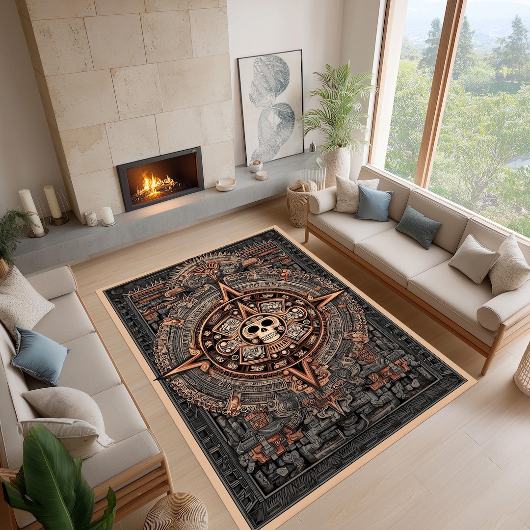 Aztec Skull Rug, Tribal Mayan Calendar Carpet, Dark Geometric Decor - Etsy
