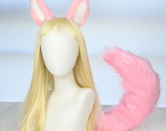 Handmade Pink fox ears and Tail Set, Animal Cosplay Costume, Furry Therian Tail