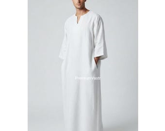 Vestaglia caftano in lino bianco da uomo – Thobe estivo traspirante, tunica lunga ampia, abbigliamento islamico,