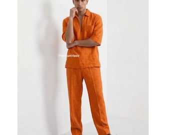 Men's Linen Co-ord Set: Relaxed Fit Resort Shirt and Wide Leg Pants