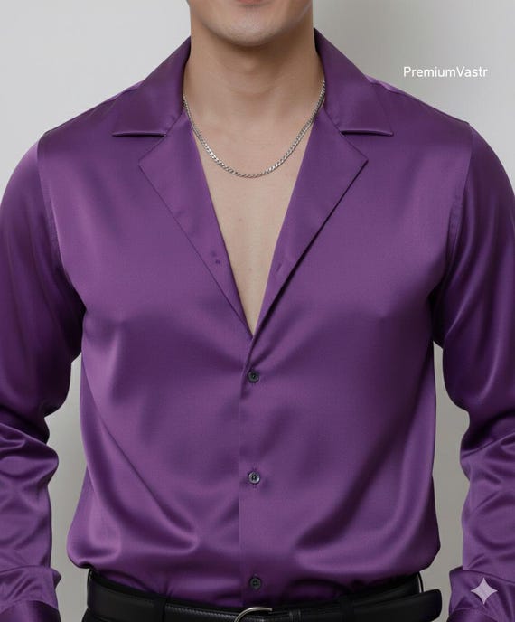 shiny purple dress shirt Men's Shiny Metallic Velvet Dress Shirt & Tie Set in Purple 22 37/38 / Purple
