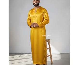 Luxury Golden Satin Kaftan for Men | Islamic Thobe | Eid, Nikah & Evening Wear