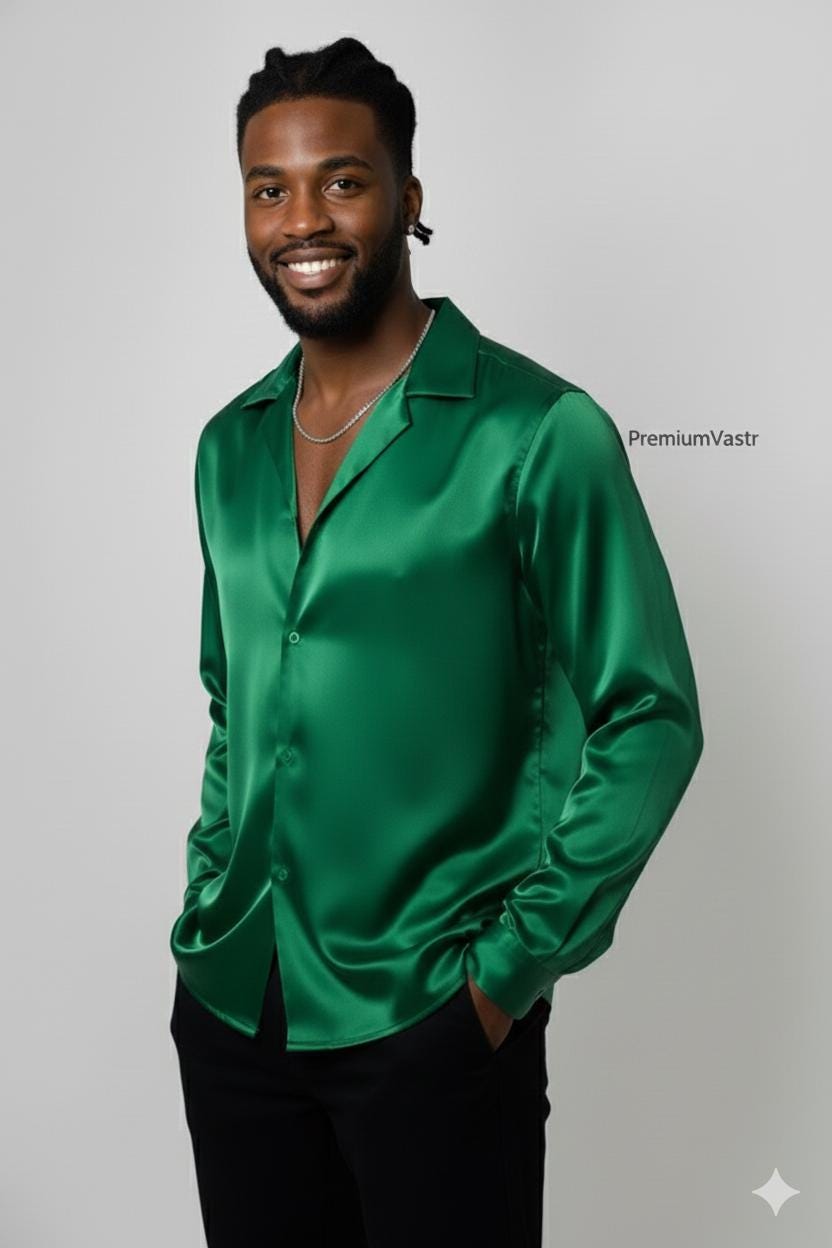 emerald green satin dress shirt Men's Emerald Green Satin Shirt | Luxury Glossy Silk-feel Men's Button Down | Party Wear
