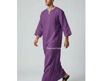 Men’s Thobe Kaftan – Linen Fabric Islamic Wear, Long Robe Abaya, Comfortable Modest