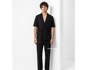 Black Linen Double Breasted Suit Set – Resort Wear Summer Wedding