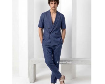 Men’s Blue Linen Suit Set, Double Breasted Co Ord, Beach Wedding Resort Wear Summer