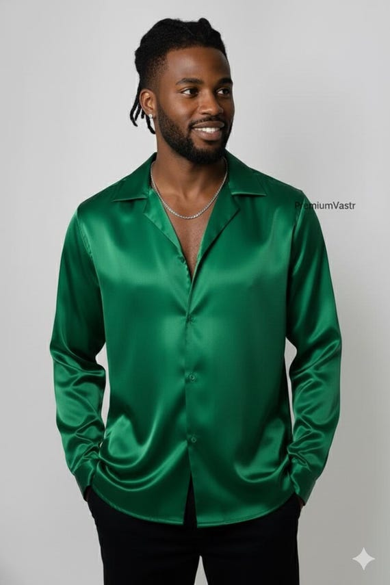 Men's Emerald Green Satin Shirt | Luxury Glossy Silk-feel Men's Button Down | Party Wear