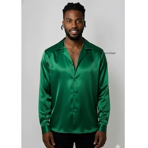 long sleeve emerald green mens dress shirt Leopard Men's Satin Shirt, Luxury Nightlife Top, Maximalist Animal Print Club Wear wedding emerald green shirt mens
