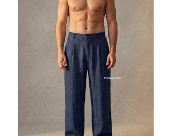 Navy Linen Wide Leg Pants Men Relaxed Fit Old Money Summer Trousers Beach Wear