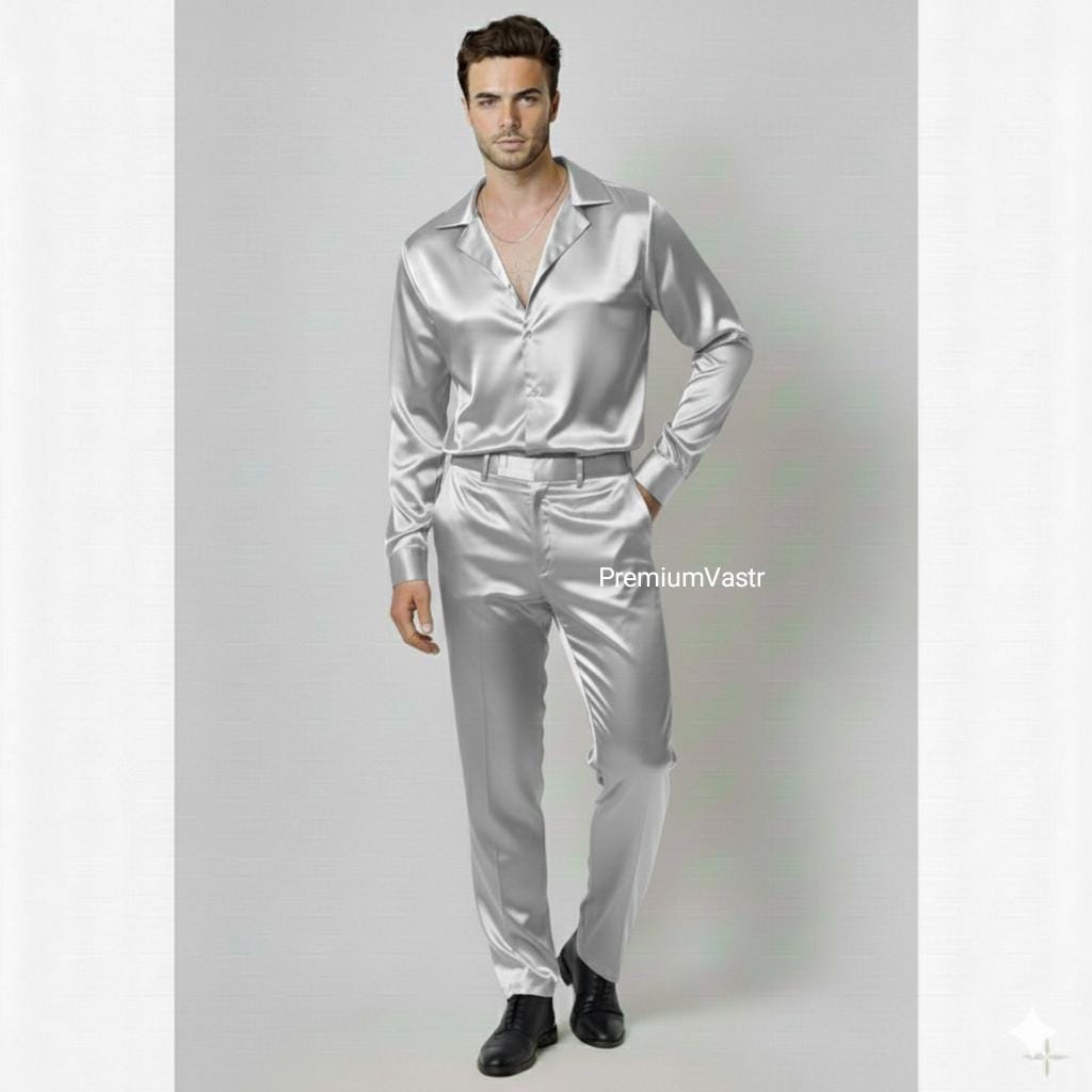 silver satin dress shirt Luxury Silver Satin Shirt & Pant Set for Men | Glossy Silk‑look Outfit |  Party , Nightwear