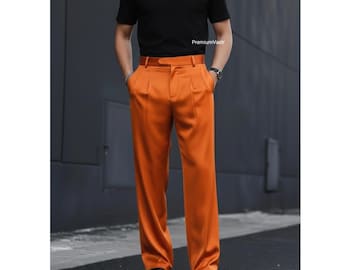 Pantalones anchos de satén naranja vibrante para hombre / Pantalones brillantes de lujo / Ropa urbana de alta costura