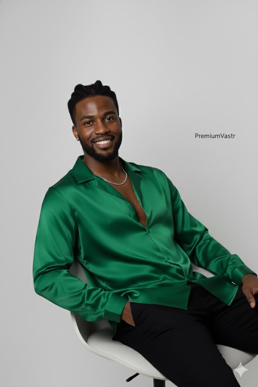 emerald green satin dress shirt Men's Emerald Green Satin Shirt | Luxury Glossy Silk-feel Men's Button Down  | Party Wear