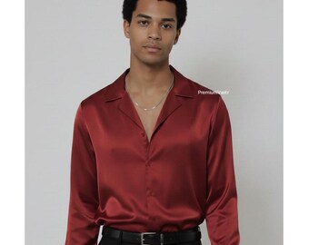 Wine Red Satin Men’s Shirt | Luxury Silk-Feel Party Wear | Elegant Open-Collar