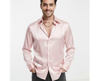Men Satin Silk Shirt Pink Slim Fit Luxury Party Wedding Formal Button Down Shirt