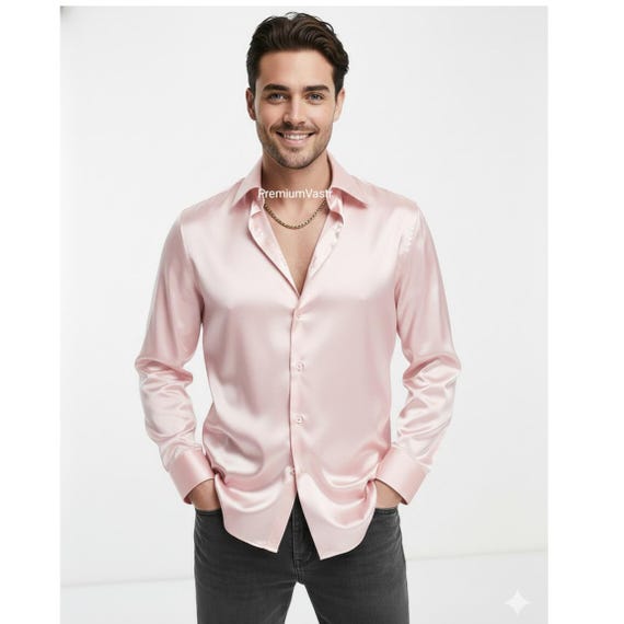 champagne pink dress shirt Men Satin Silk Slim Fit Luxury Party Wedding Formal Button Down Shirt Color:Fuchsia Silver group:K1603-PL always love a cute Mens shirts button cuffs.