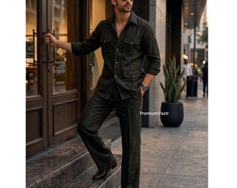 Conjunto de terno de linho preto, modelagem relaxada, calça pantalona, estilo europeu masculino.