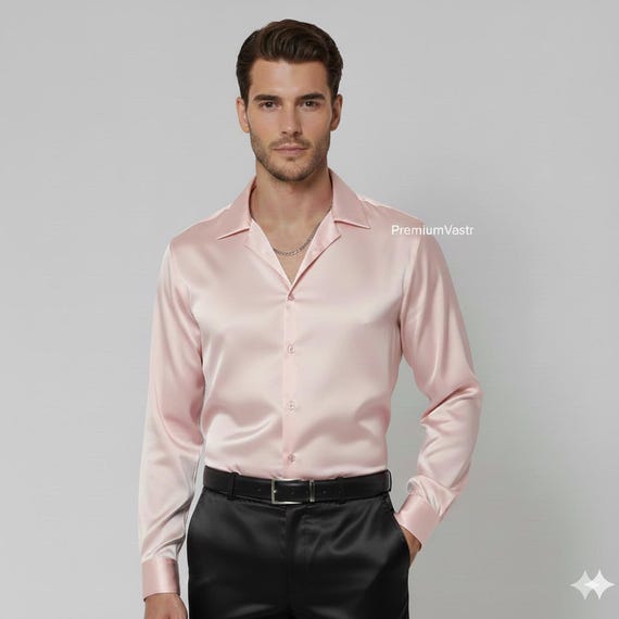mens pink silk dress shirts Men's Pink Satin Shirt • Luxury Silk-look Party Wear • Shiny Dress Shirt •  Elegant Long Sleeve