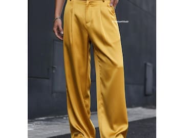 Pantalones anchos de satén dorado para hombre / Pantalones brillantes de lujo / Pantalones rectos suaves y sedosos personalizados