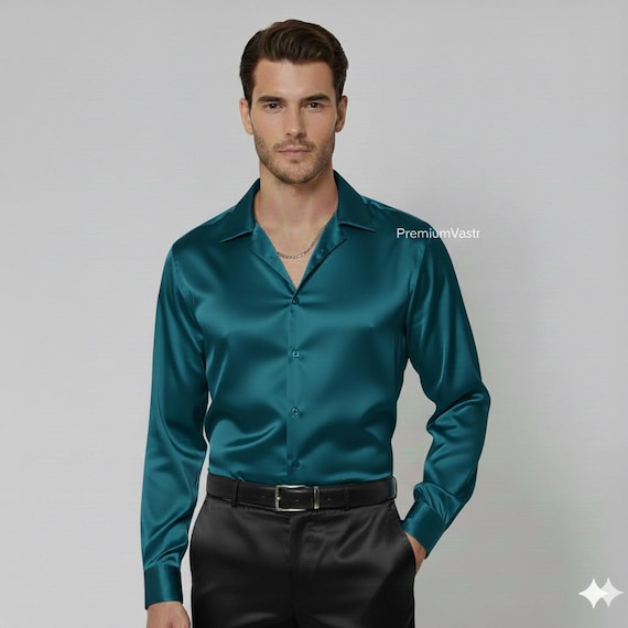 blue satin dress shirt Men's Teal • Luxury Silk-look • Shiny Party Wear Shirt for Men This shirt is available Red Nude Certified lover girl ❤️⁠ Girl Dress:11