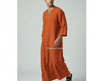 Túnica de lino para hombre, túnica de verano transpirable, túnica larga de corte holgado, ropa islámica,