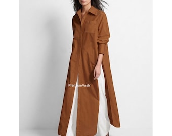 Bruine linnen maxi-shirtjurk, oversized minimalistische zomeroutfit