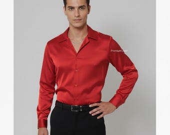 Red Satin Luxe Men’s Shirt | Minimal Silk-Feel Outfit | Elegant Open-Collar