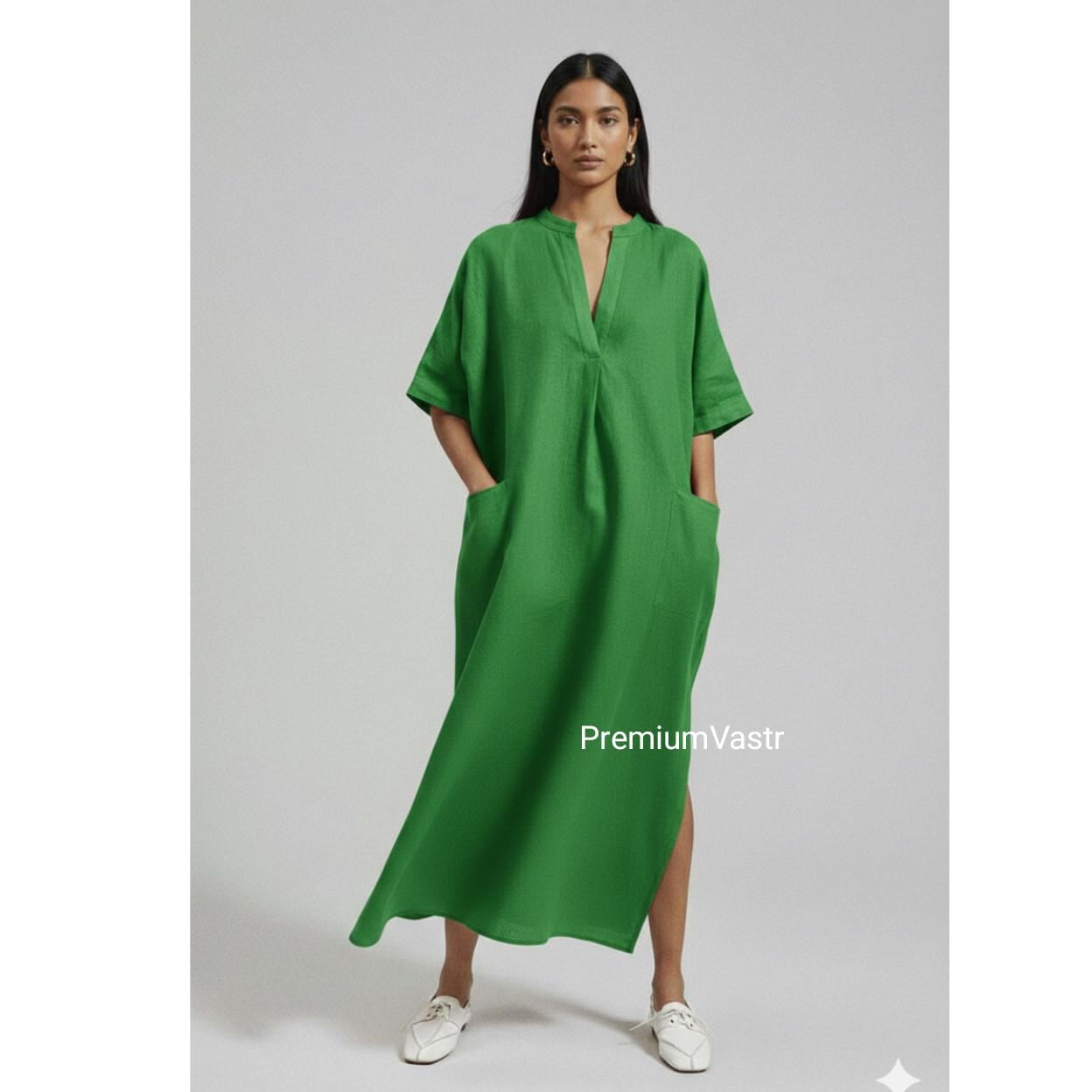 Emerald Green Linen Kaftan Maxi Dress Luxury Minimalist Women Dress with Pockets Oversized fit